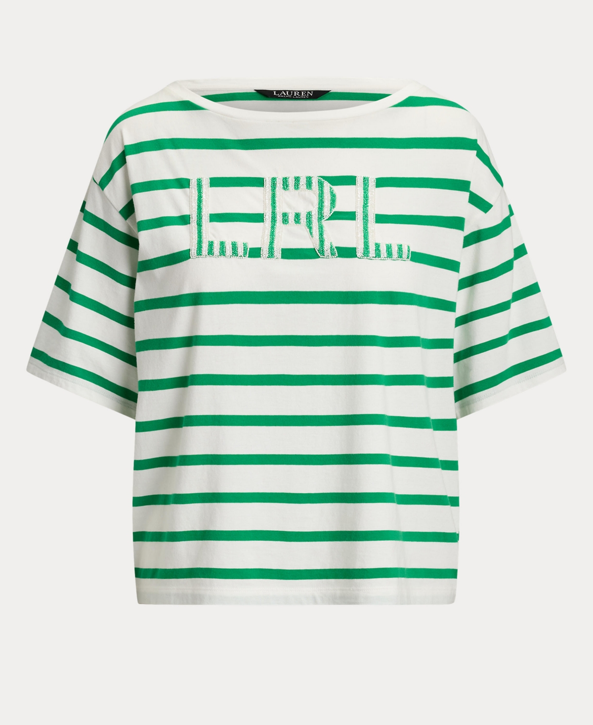 Ralph Lauren Women's Striped Beaded-logo T-shirt In Green