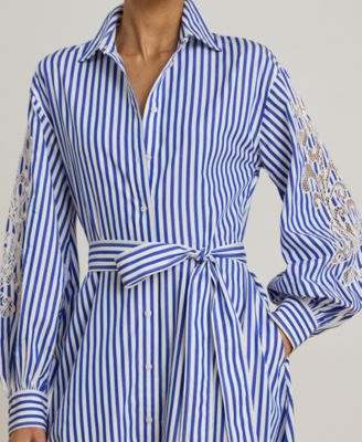 Women's Striped Eyelet Broadcloth Belted Shirt Dress