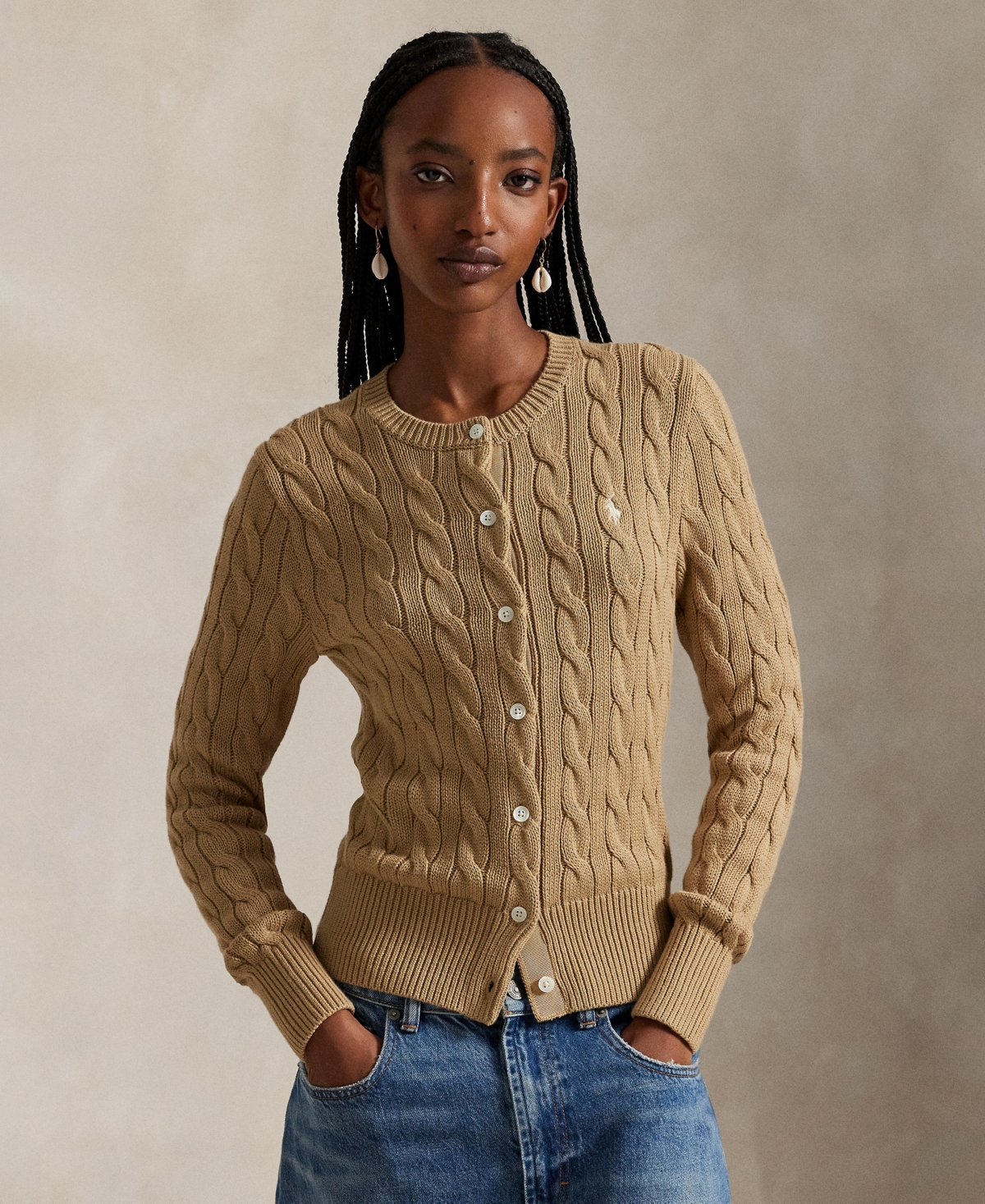 Polo Ralph Lauren Women's Cable-knit Cotton Crewneck Cardigan Sweater In Brown