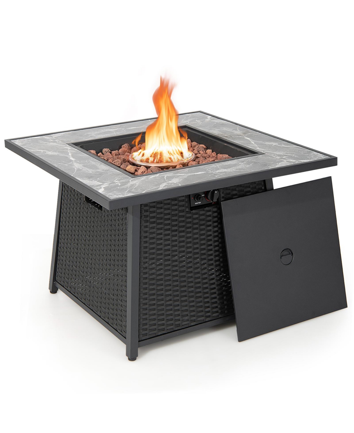 35 Inch Propane Gas Fire Pit Table Wicker Rattan with Lava Rocks Pvc Cover