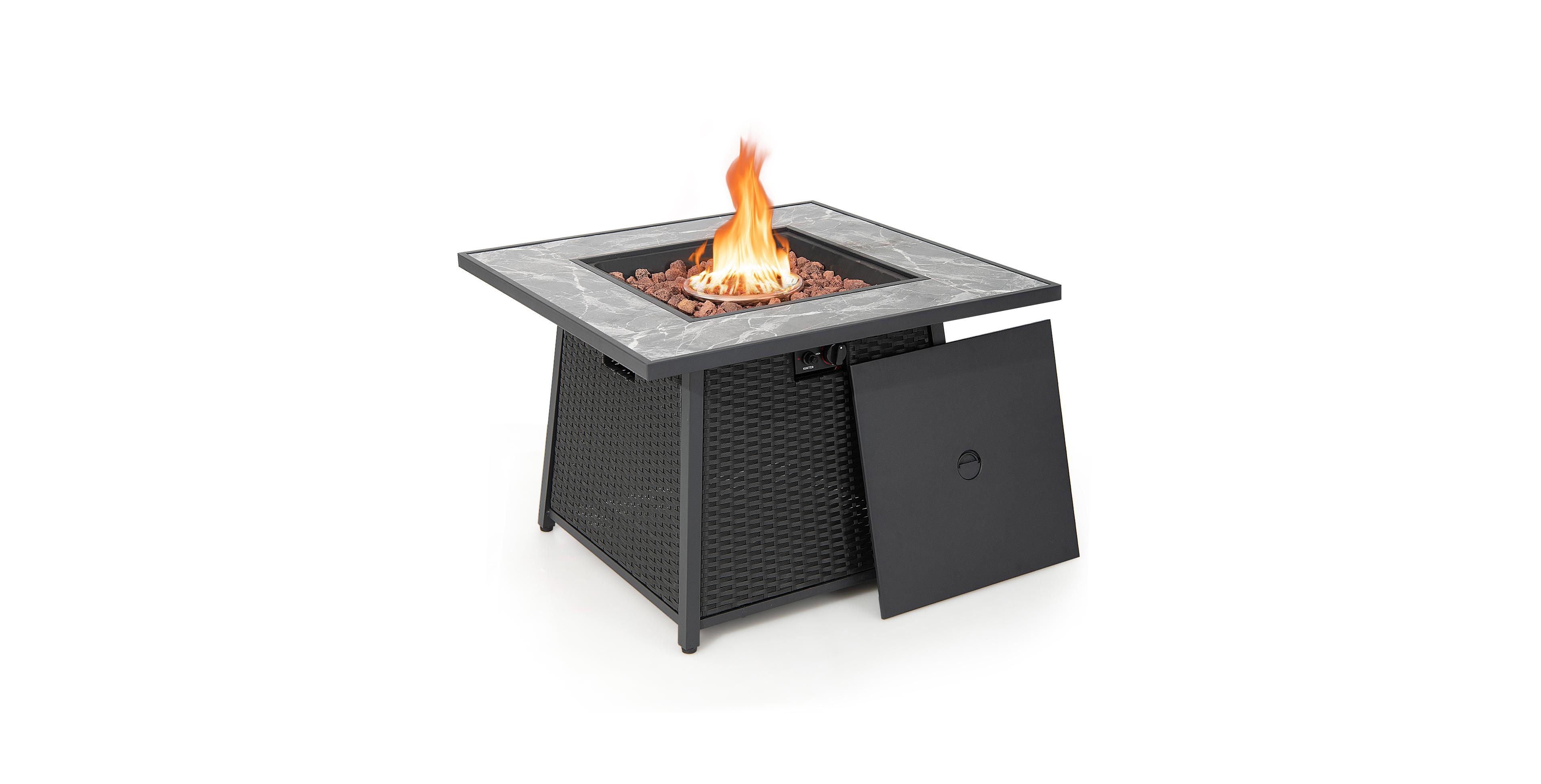 35 Inch Propane Gas Fire Pit Table Wicker Rattan with Lava Rocks Pvc Cover