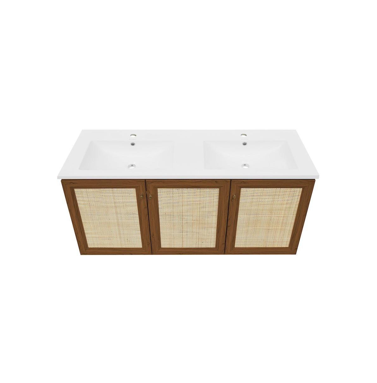 Swiss Madison Classe 48" Wall-Mounted Bathroom Vanity in Brown Oak with Double Basin Sink Top