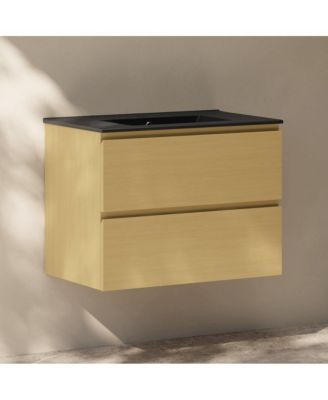Liberte 30" Wall-Mounted Bathroom Vanity in Natural Oak with Black Sink Top