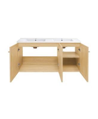 48" Wall-Mounted Bathroom Vanity in Natural Oak with Double Basin Sink Top