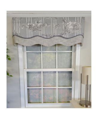 French Tableau Classic Toile Stripe and Solid Fabric Gimp Trim Ivory Lining No Header Glory Valance 50" X 16" Camel