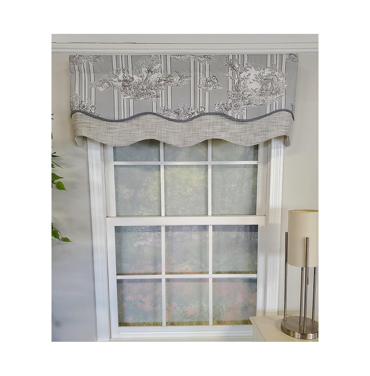 Rlf Home French Tableau Classic Toile Stripe and Solid Fabric Gimp Trim Ivory Lining No Header Glory Valance 50" X 16" Camel