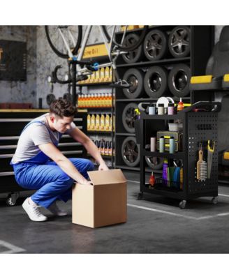 3-Tier Rolling Tool Cart, Utility Cart with Side Shelf & Hook