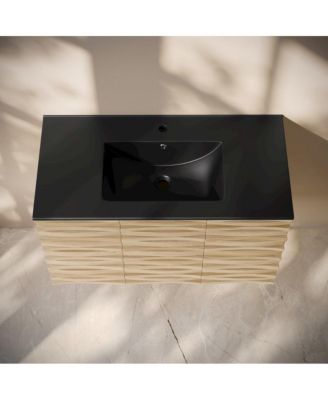 Cascade 36" Wall-Mounted Bathroom Vanity in Natural Oak with Black Sink Top