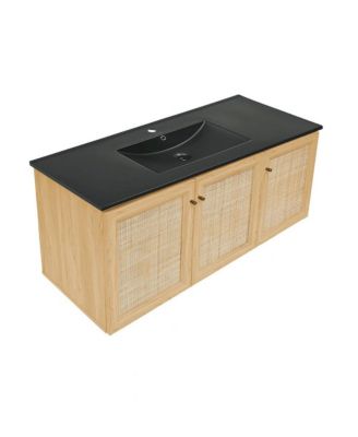 Classe 48" Wall-Mounted Bathroom Vanity in Natural Oak with Black Sink Top