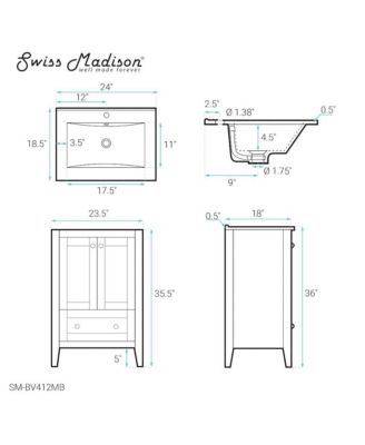 Cannes 24 in. White Bathroom Vanity With Black Ceramic Sink Top