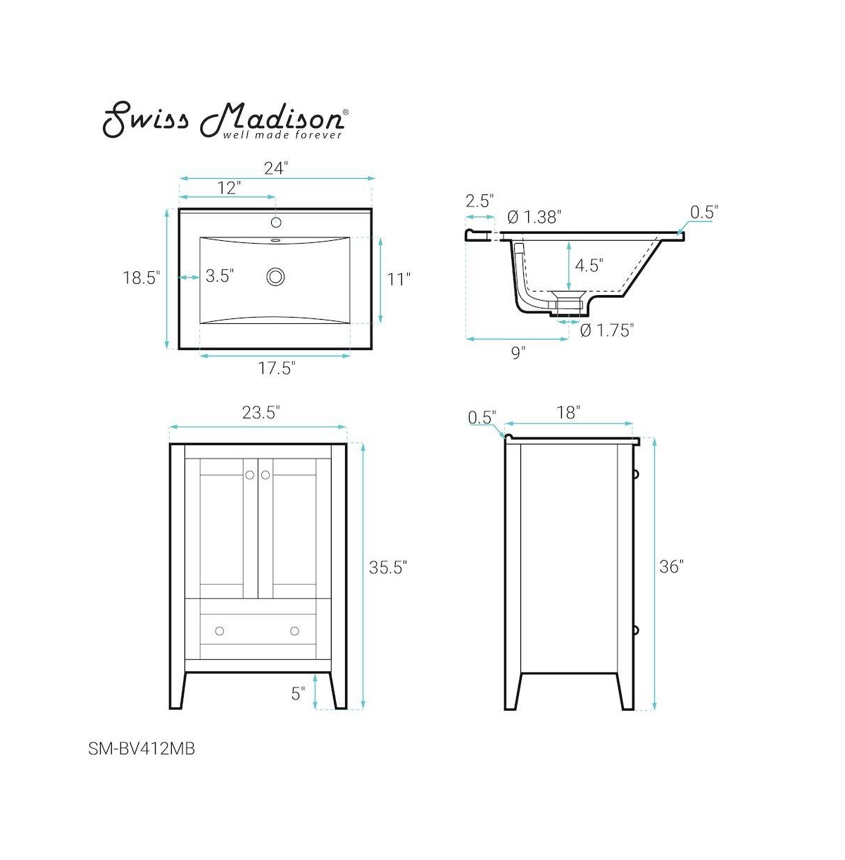Swiss Madison Cannes in. White Bathroom Vanity With Black Ceramic Sink Top