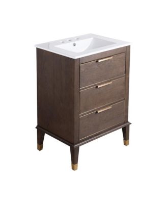 Hugo 24 in. Brown Oak Bathroom Vanity With White, 3-Hole Ceramic Sink Top
