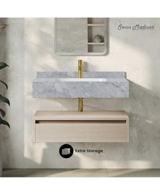 Avancer 36" Wall-Mounted Bathroom Vanity in White Oak with Storm Gray Sink Top