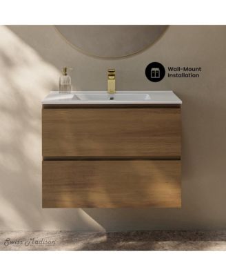 Liberte 30" Wall-Mounted Bathroom Vanity in Brown Oak with Sink Top