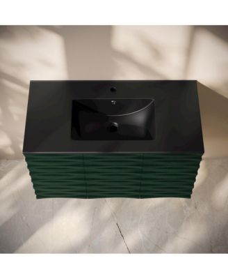 Cascade 36 " Wall-Mounted Bathroom Vanity in Green Oak with Black Sink Top