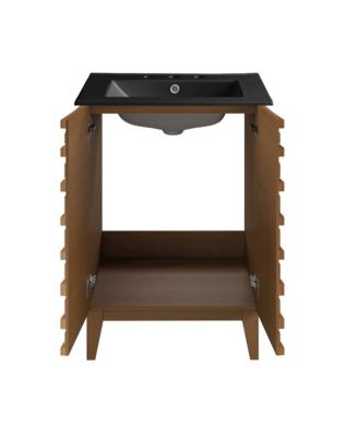 24 in. Brown Oak Bathroom Vanity With Black, 3-Hole Ceramic Sink Top