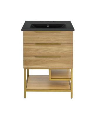 Carre 24 in. White Oak Bathroom Vanity With Black, 3-Hole Ceramic Sink Top