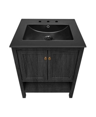 24" Freestanding Bathroom Vanity in Black Oak, Black 3-Hole Widespread Sink Top
