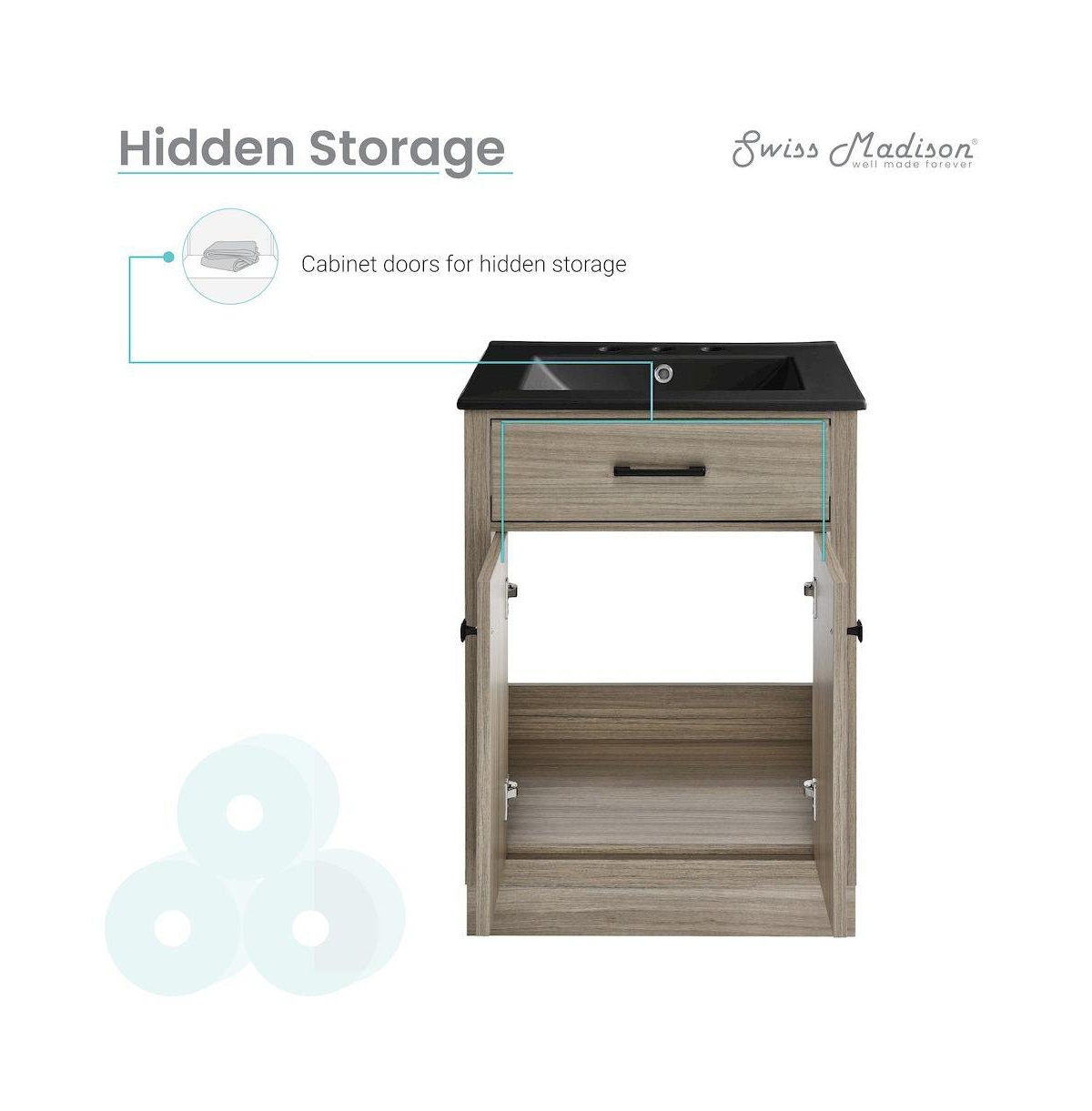 Swiss Madison Burdon 24 in. Brown Oak Bathroom Vanity With Black, 3-Hole Ceramic Sink Top