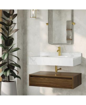 Avancer 36" Wall-Mounted Bathroom Vanity in Brown Oak with White Marble Sink Top