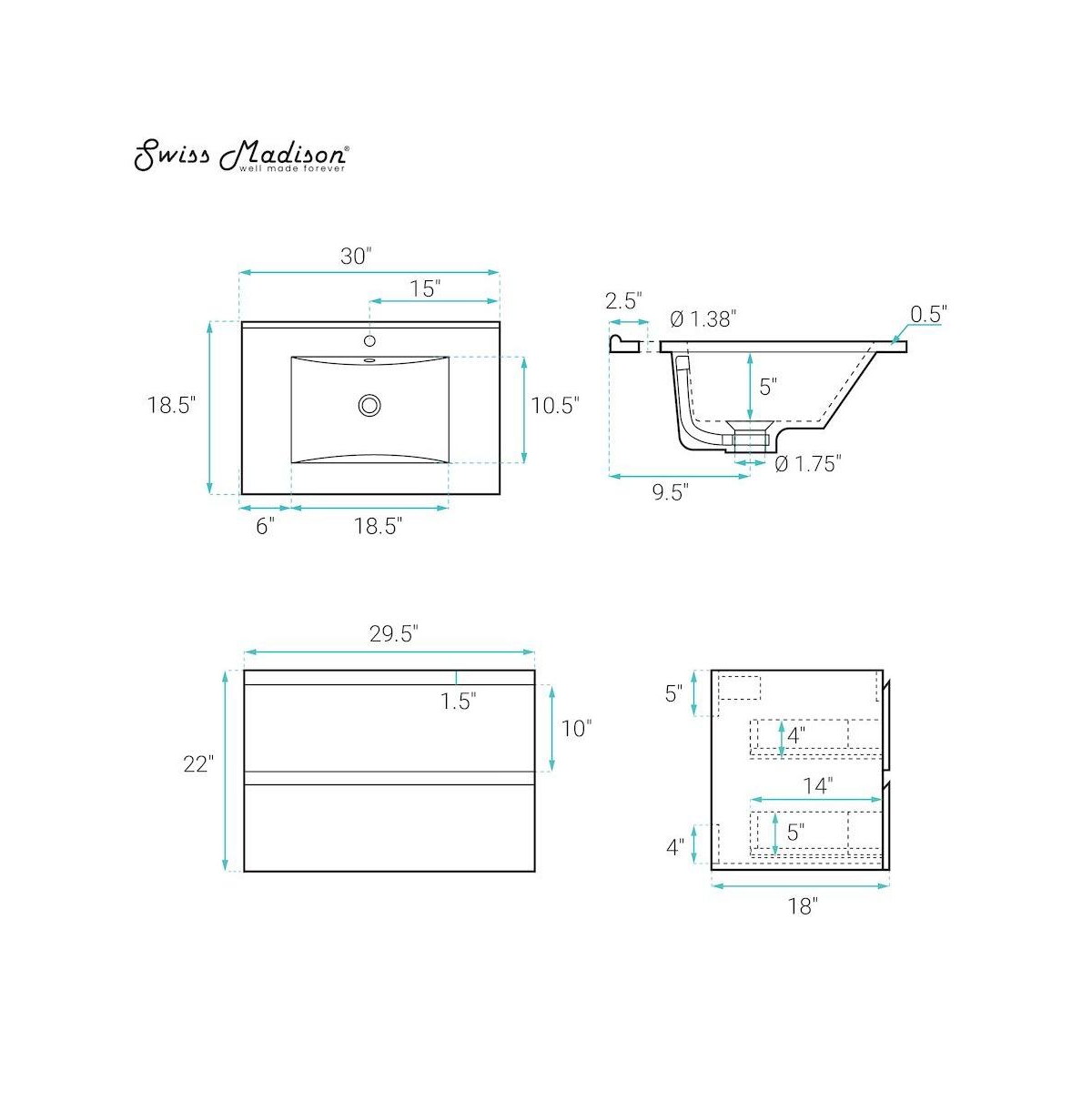 Swiss Madison Liberte 30" Wall-Mounted Bathroom Vanity in Natural Oak with Sink Top