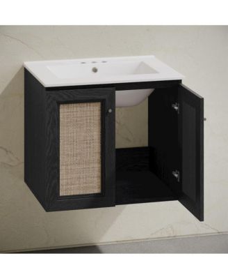 24" Wall-Mounted Bathroom Vanity in Black Oak, Centerset Faucet Holes Vanity Top