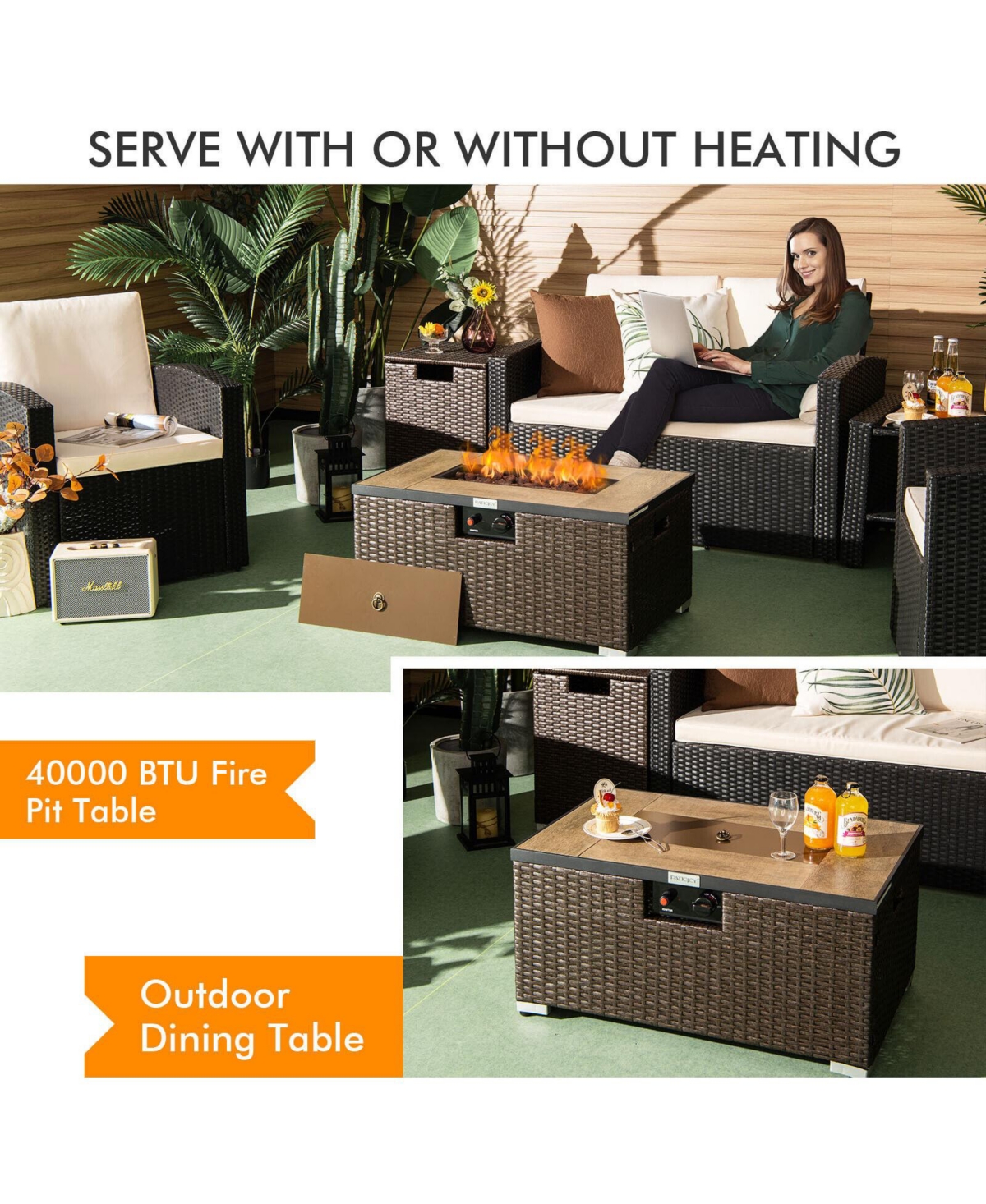 Mecale 32 Inch x 20 Inch Propane Rattan Fire Pit Table Set with Side Table Tank and Cover