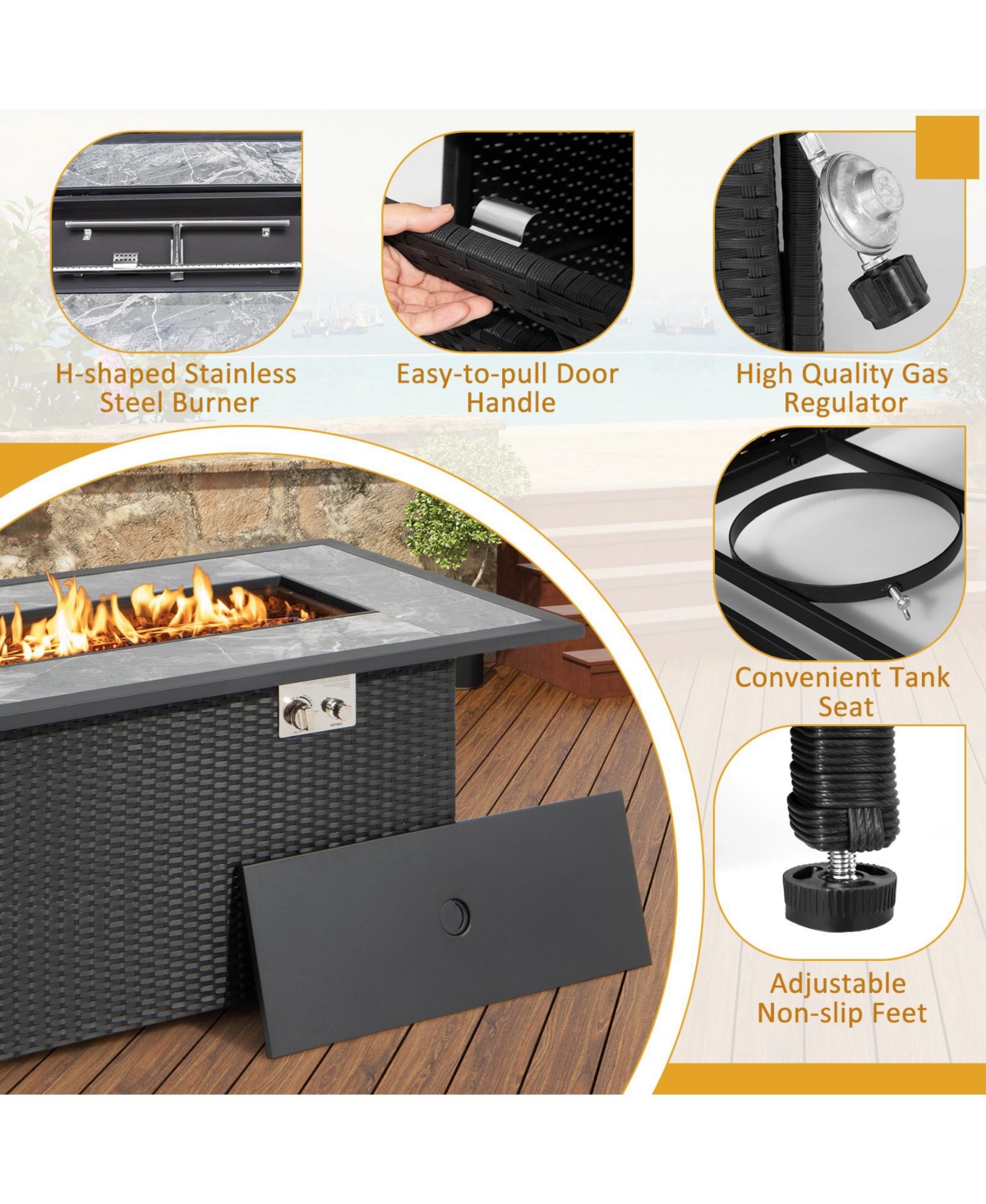 Mecale 52 Inch Rattan Wicker Propane Fire Pit Table with Rain Cover and Lava Rock