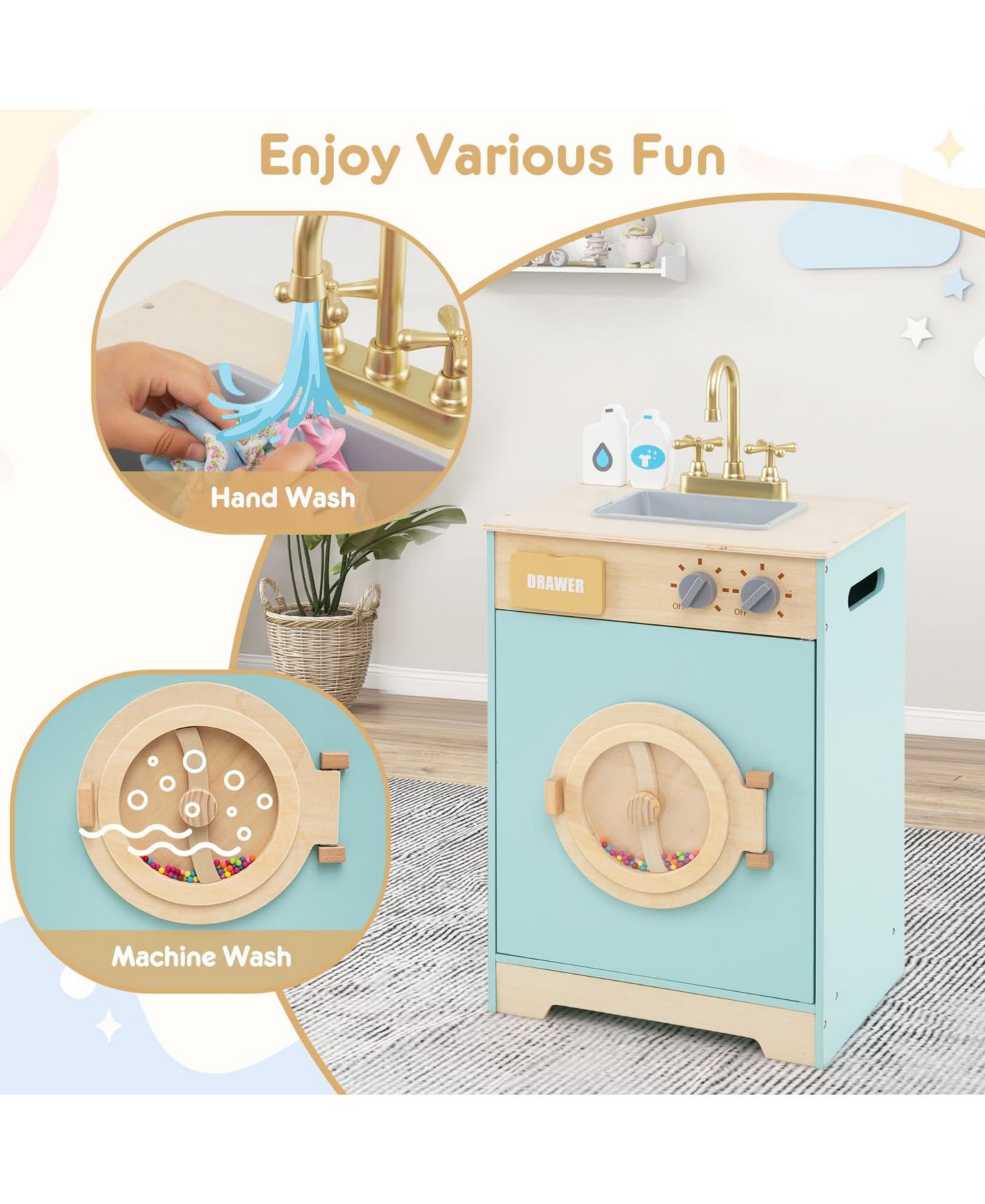 Детский игровой набор Mecale Wooden Washing Machine Playset with Realistic Sounds, 3-Piece, Ages 3+, цвет: Синий — фото 4