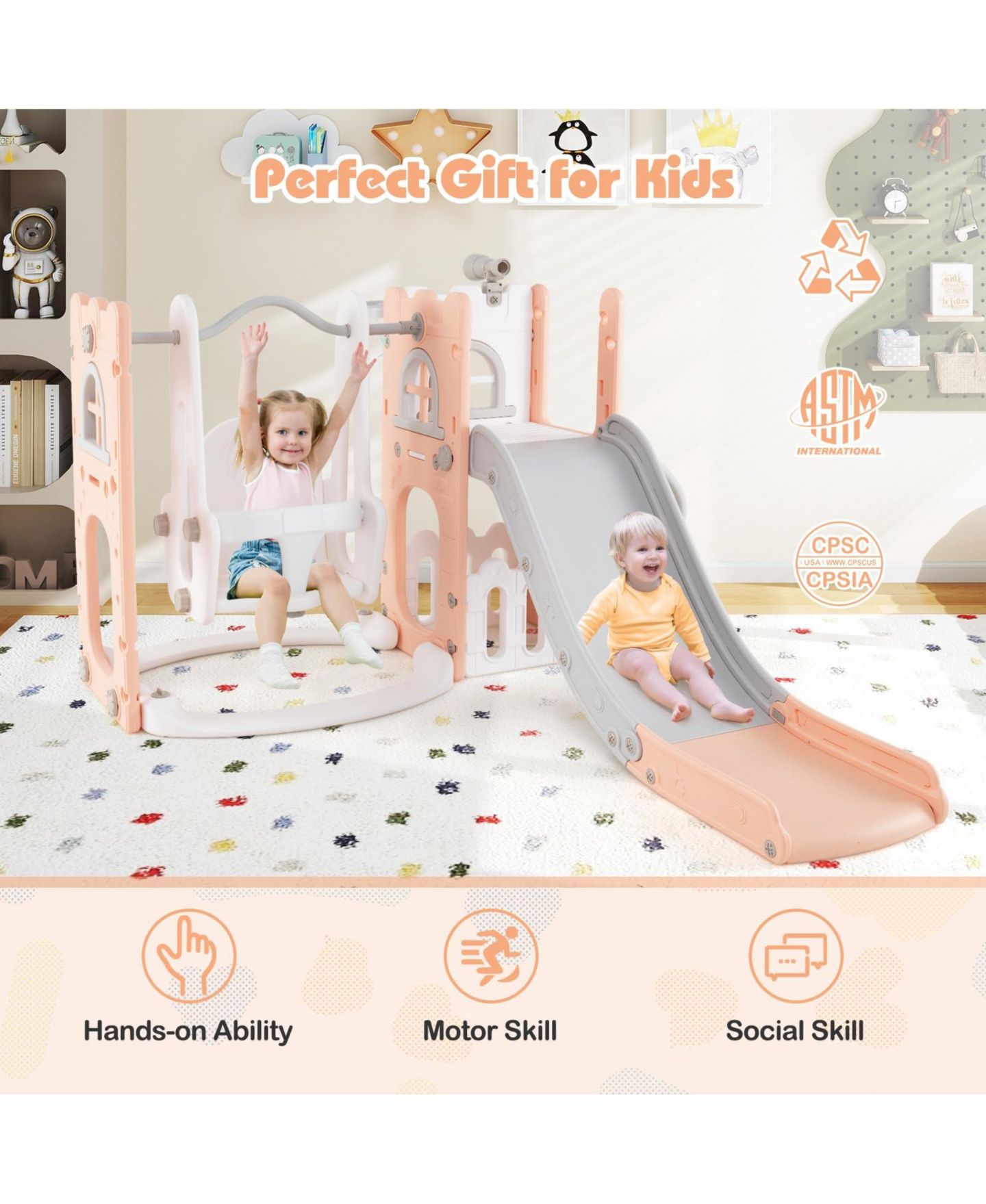 Детские игрушки Mecale 7-in-1 L-Shaped Swing and Slide Set, 56"L x 65"W x 33.5"H, Ages 1+, цвет: Розовый — фото 7