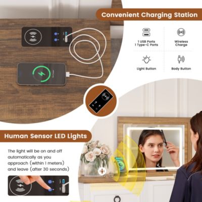 Vanity Desk with Mirror & Lights, Charging Station, Drawers & Chair