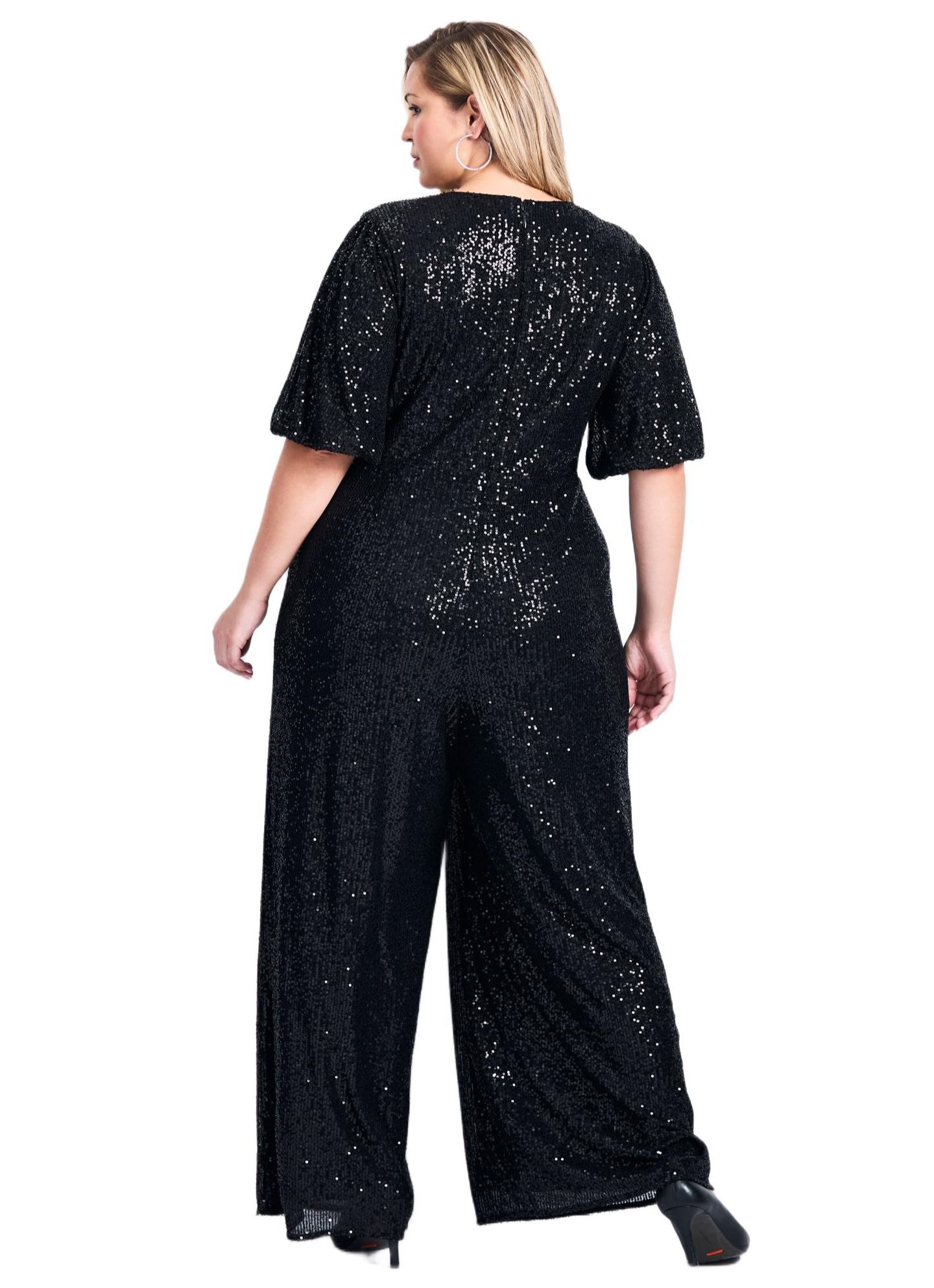 Женский комбинезон AVENUE Plus Size Nada Sequin Puff Sleeve Jumpsuit, цвет: Чёрный — фото 2