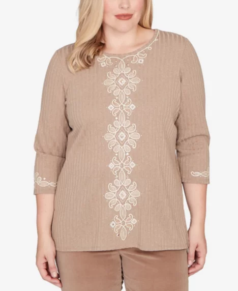 Women's Petite Vienna Embroidered 3/4-Sleeve Top - Mocha