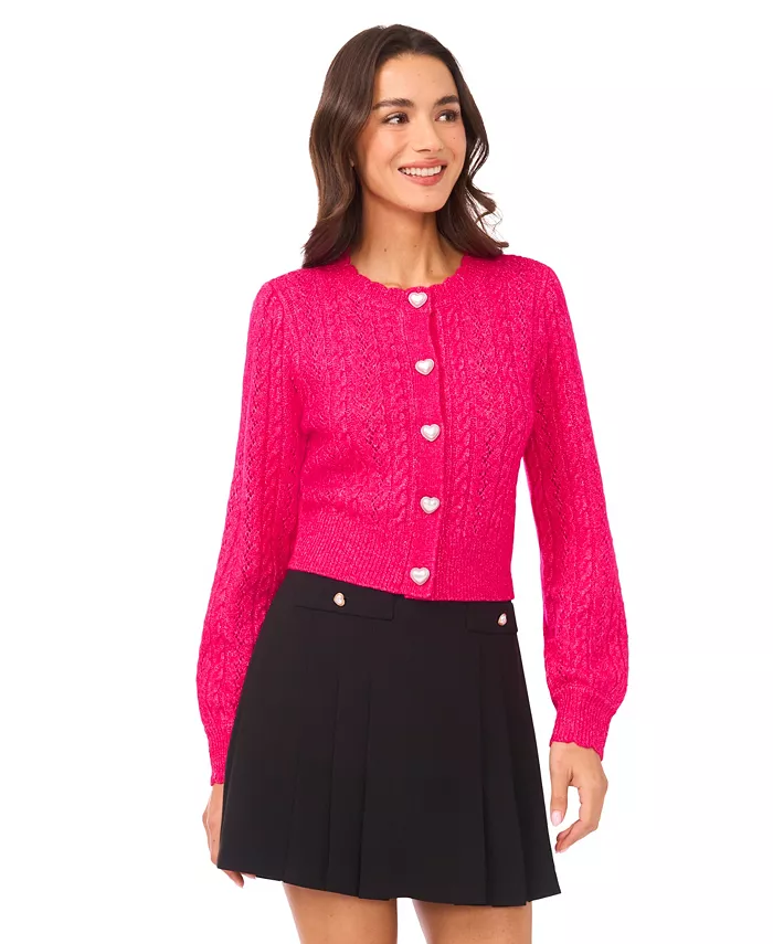 Women's Valentine's Crewneck Heart-Button Pointelle Cardigan Sweater - thumbnail 5