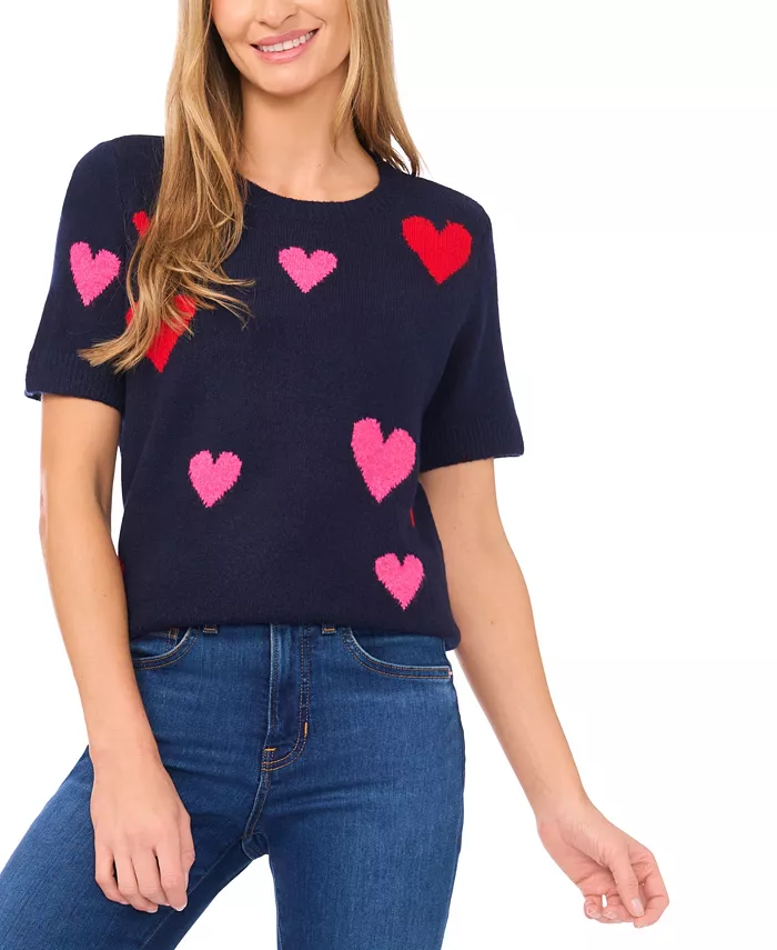 Women's Valentine's Crewneck Heart-Print Short-Sleeve Sweater