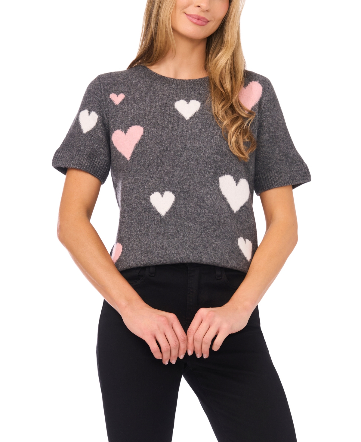 Cece All Over Heart Short Sleeve Sweater In Gray