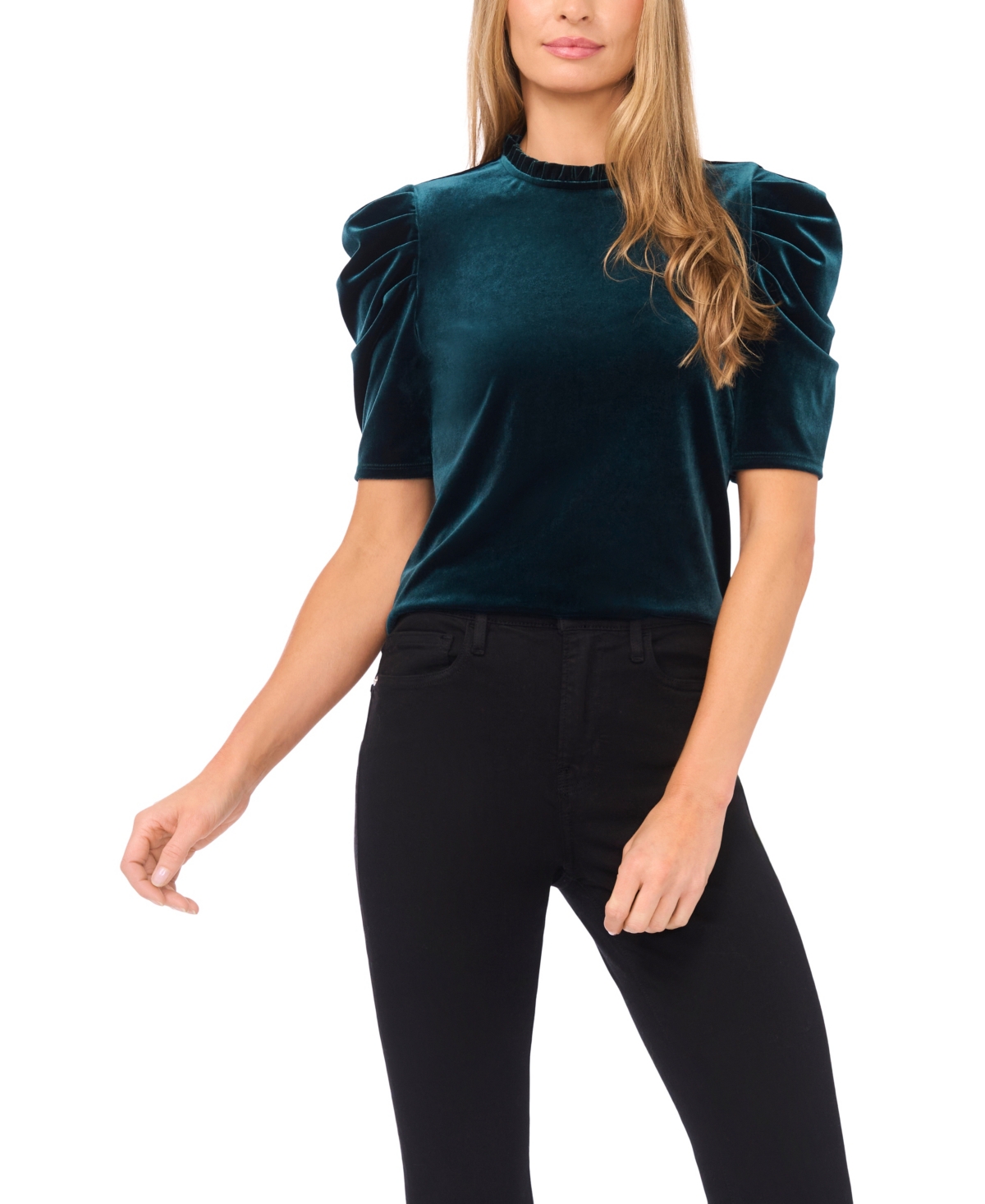 Cece Women's Velvet Ruffle Mock Neck Top In Green