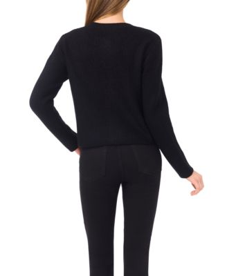 Women's Valentine's Crewneck Rhinestone Heart Pocket Cardigan Sweater