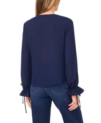 Women's V-Neck Button Down Lace Flounce Trim Top