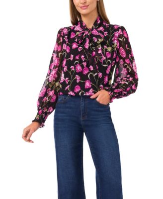 CeCe - Women's Long-Sleeve Keyhole Bow Tie Smocked Cuff Top