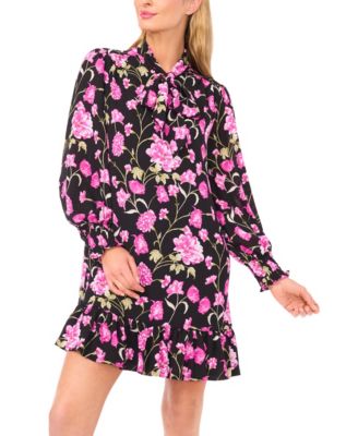 Women's Long-Sleeve Keyhole Bow Tie Mini Dress