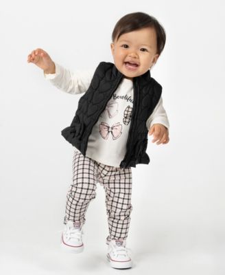 Rare Editions - Baby Girls 3-Piece Quilted Hearts Puffer Vest, Top and Leggings Set