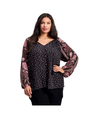 Women's Plus Size Eliana Border Print Sleeve Peasant Top