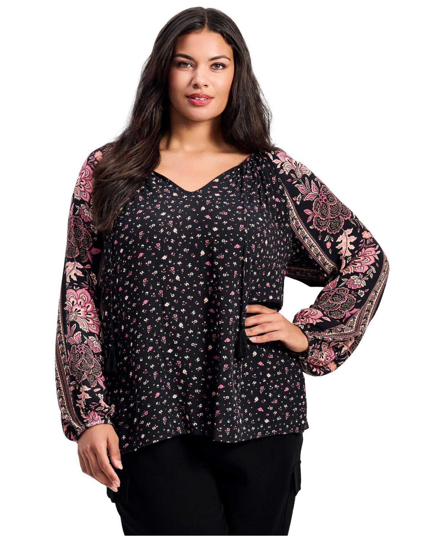 Women's Plus Size Eliana Border Print Sleeve Peasant Top