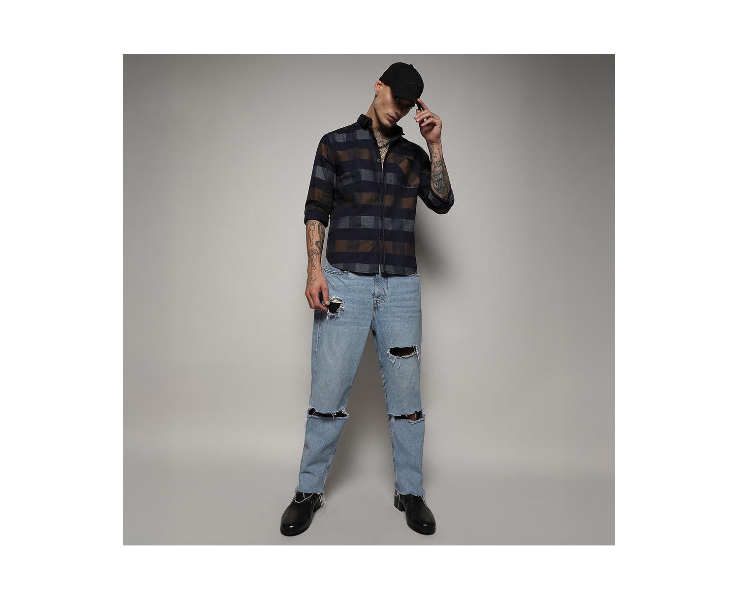 Men's Grey & Olive Green Gun Club Check Shirt