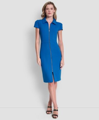 Women's Cap Sleeve Collared Neck Full Zip Midi Dress
