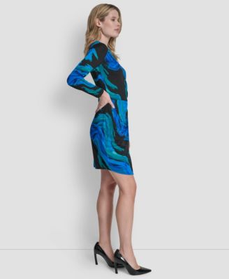 Women's Long Sleeve Jewel Neck Ruched Skirt Dress