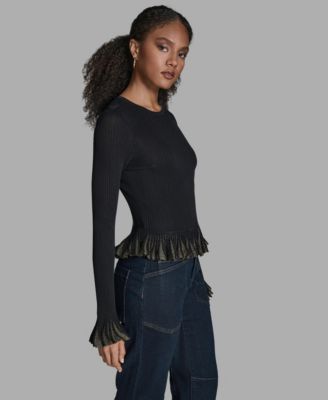 Women's Long-Sleeve Foil Ruffle Hem Sweater