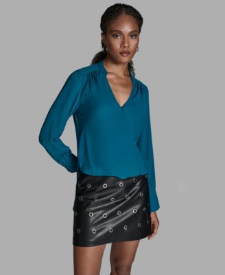 Women's Long-Sleeve Hi-Low Faux-Wrap Top