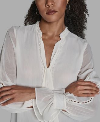Women's Long-Sleeve Tie-Neck Ruffle Cuff Blouse